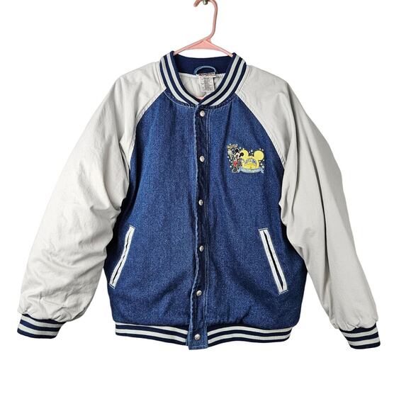 Vintage Disney Adult Quilt Lined Varsity Jacket Size M Denim Mickey Bomber Rare